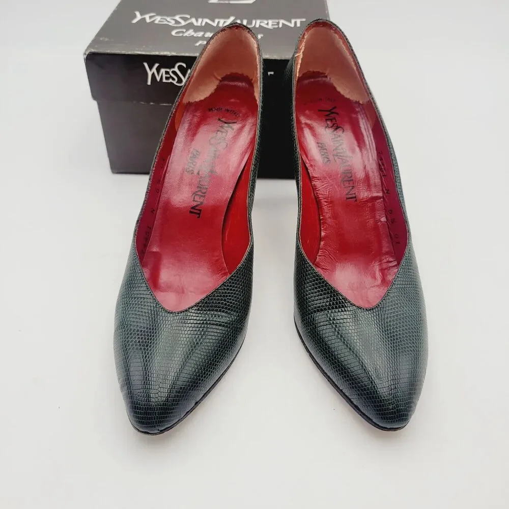 Vtg YVES SAINT LAURENT Green Python Triboo Heels Pumps Sz 6.5 Made In Italy - Picture 4 of 11